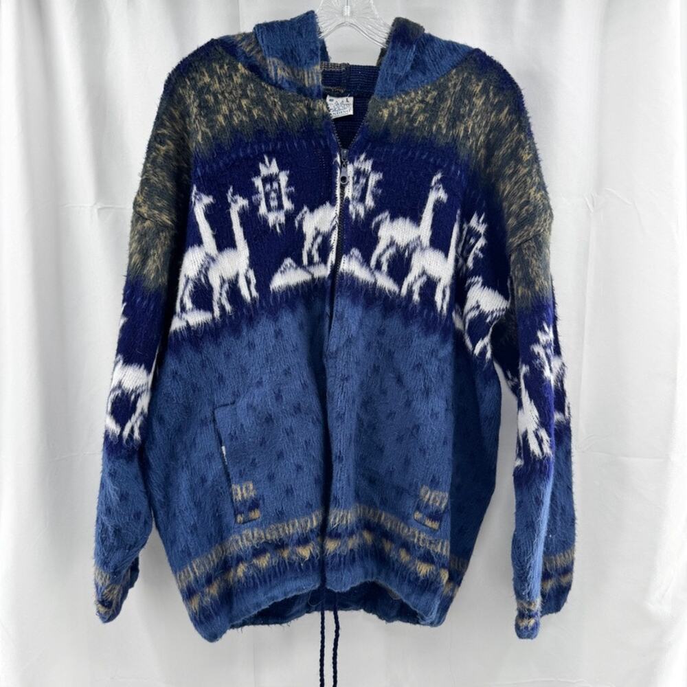 VTG Andino Artesian Wool Sweater Jacket Hooded Novelty Alpaca Blue Full Zip Sz L